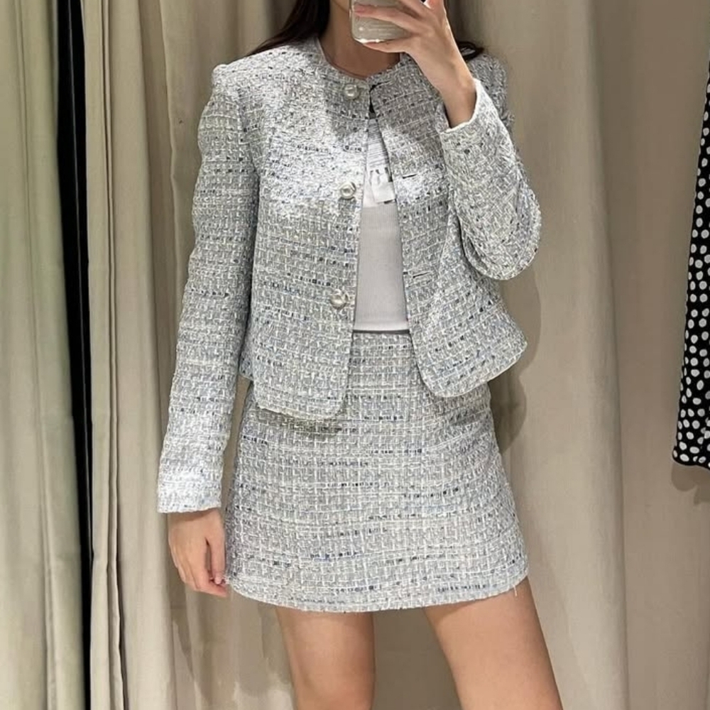 ZARA Set 2 Pc TEXTURED TWEED CROP BLAZER And SKORT Size S/M